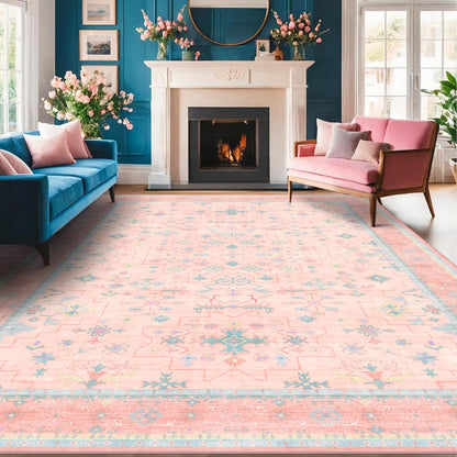 Oushak Rugs | Washable 9x12 Pink and Blue Area Rug - Modern Floral Design, Soft Faux Wool, Non-Slip