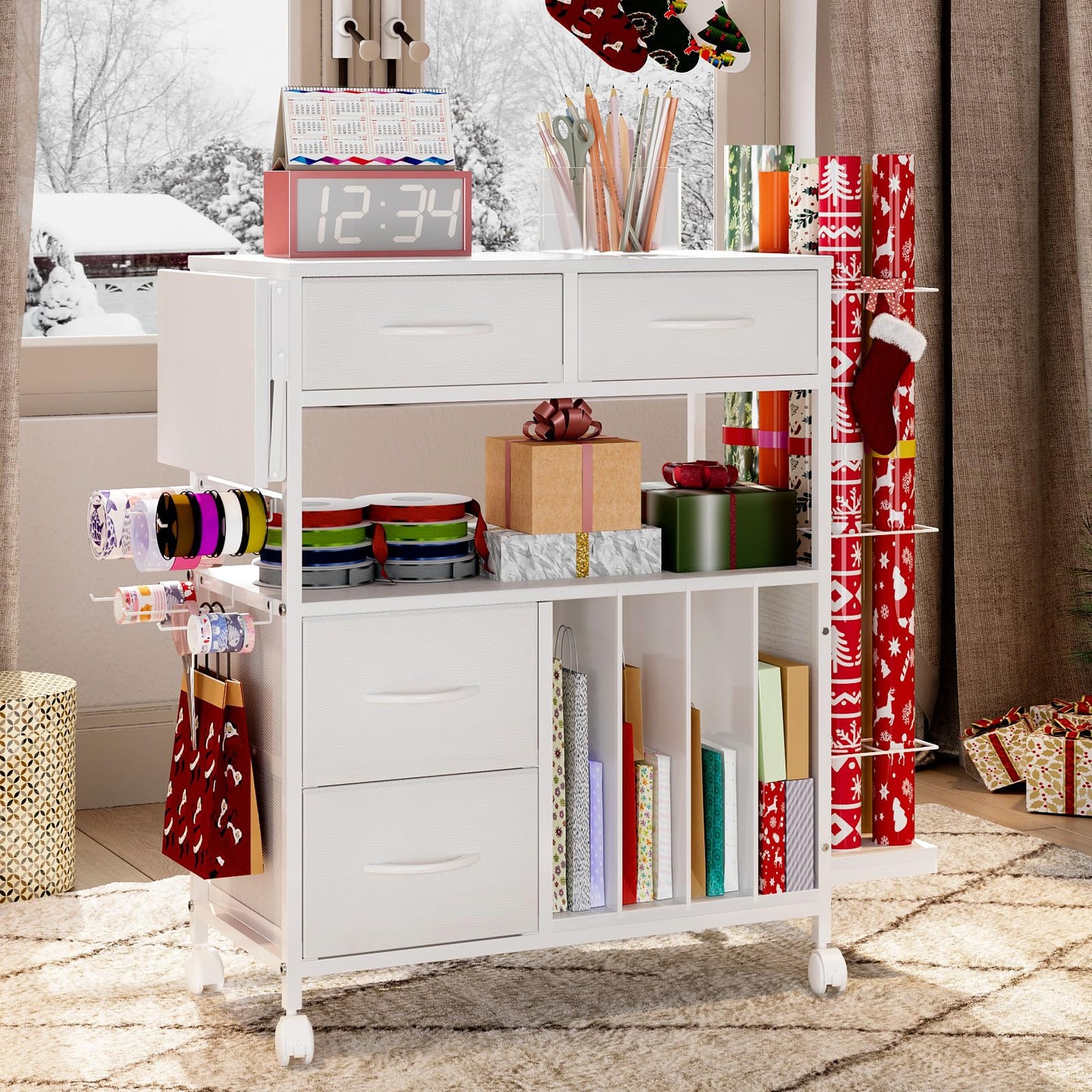 Wrapping Paper Storage Cart with Foldable Table, 3 Tier Gift Wrap Organizer with Drawers, Holds 8 Rolls, 8 Slap Bands, Rolling Craft Storage Station for Ribbons Gift Bags Supplies (White)