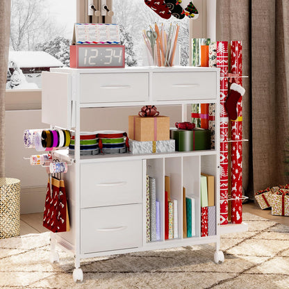 Wrapping Paper Storage Cart with Foldable Table, 3 Tier Gift Wrap Organizer with Drawers, Holds 8 Rolls, 8 Slap Bands, Rolling Craft Storage Station for Ribbons Gift Bags Supplies (White)