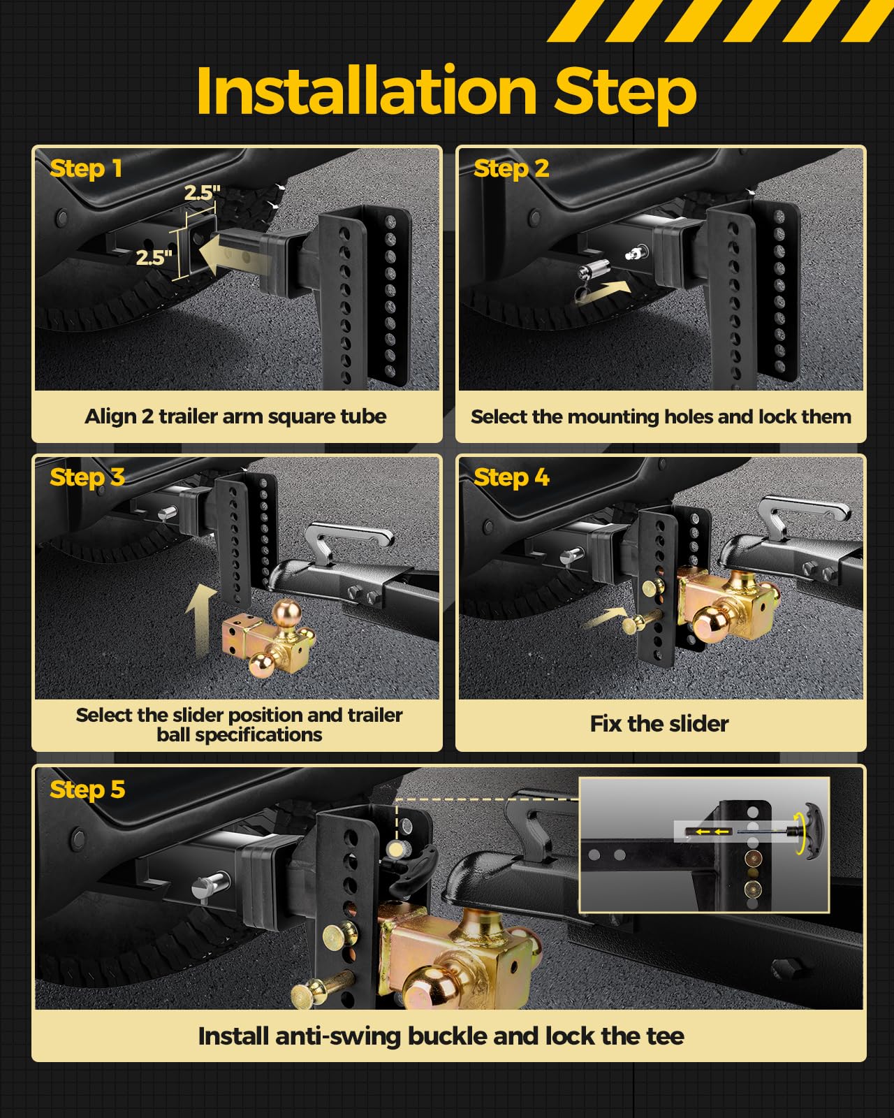 Adjustable Trailer Hitch -Drop Hitch-Tow Hitch with 2 inch Receiver-6inch Drop/Rise, （1-7/8" & 2" & 2-5/16" Ball Hitches for Trucks, 20,000 LBS GTW, Trailer Hitches with Anti-Theft Pin, Black