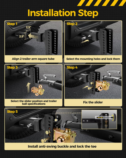 Adjustable Trailer Hitch -Drop Hitch-Tow Hitch with 2 inch Receiver-6inch Drop/Rise, （1-7/8" & 2" & 2-5/16" Ball Hitches for Trucks, 20,000 LBS GTW, Trailer Hitches with Anti-Theft Pin, Black