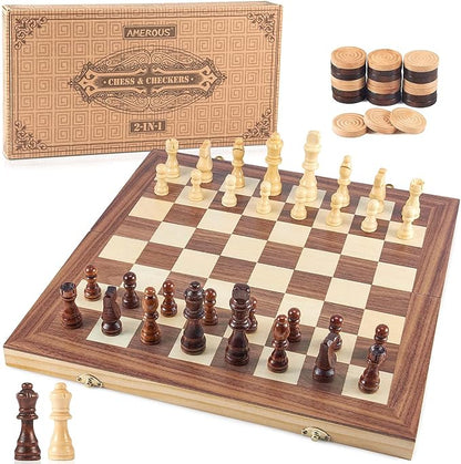 AMEROUS 15'' Wooden Chess &amp Checkers Set 2 in 1 Board Games -2 Extra Queens -24 Cherkers Pieces - Gift Box Packed - Chessmen Storage Slots Beginner Chess Set for Kids and Adults