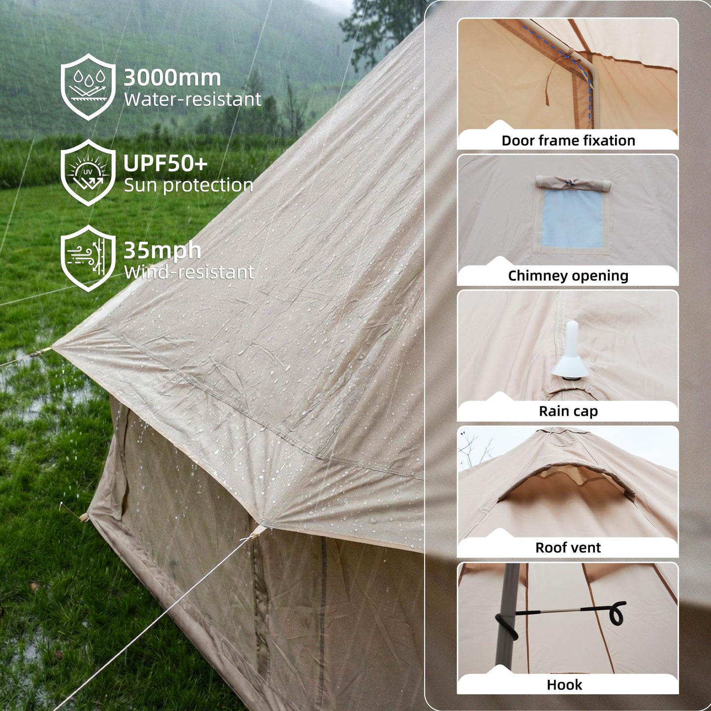 KEIKI 4 Season Canvas Bell Tent 9.8 FT Waterproof All Weather Glamping Yurt Tent, Luxury Hot Tent Stove Jack, Breathable Compact Family Camping Teepee for 4 People Outdoor Music Festival, Beige