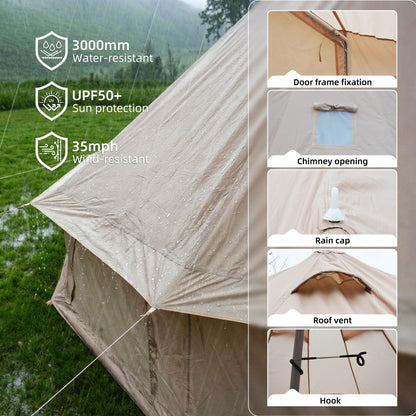 KEIKI 4 Season Canvas Bell Tent 9.8 FT Waterproof All Weather Glamping Yurt Tent, Luxury Hot Tent Stove Jack, Breathable Compact Family Camping Teepee for 4 People Outdoor Music Festival, Beige