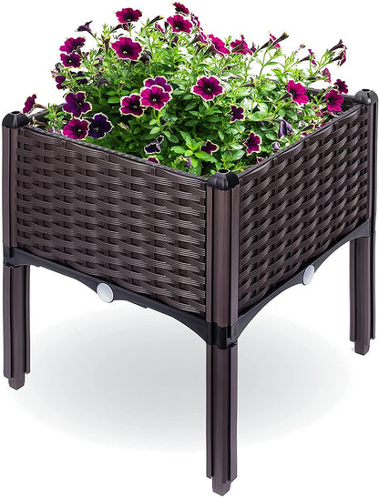 Raised Garden Planter, Resin, Elevated Flower Bed Box Kit for Vegetable, Flower, Herb Gardening | 16" X 18", Wicker Pattern, Brown