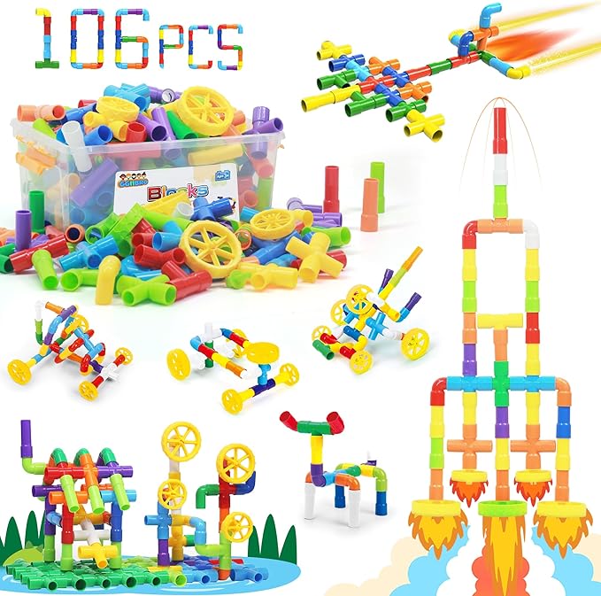 Ggiibro STEM Building Toy for Toddlers 106Pieces Tube Pipe ToyEducational Preschool Game for 3+ YearsLearning Building Blocks Play with Storage Box Gift KitMontessori Toys for Boys &amp Girls