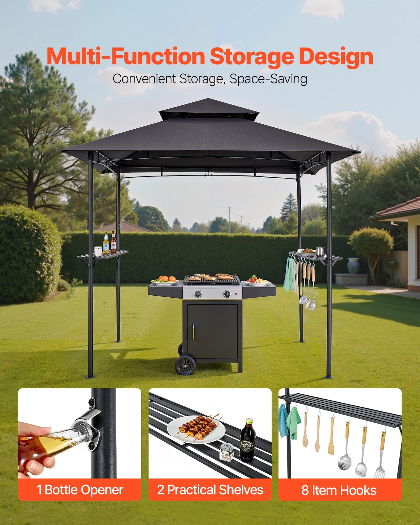 VEVOR Grill Gazebo, 8 x 5 ft Outdoor BBQ Gazebo with Double-Tiered Roof, Powder-Coated Steel Patio Grill Shelter with 2 Side Shelves & 8 Hooks, Grilling Canopy for Patio Backyard Garden Picnic