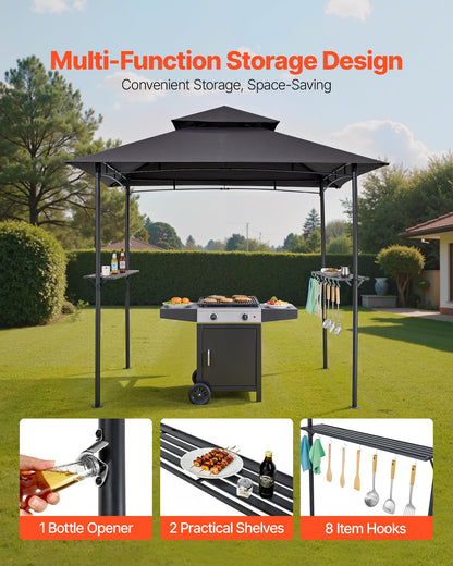 VEVOR Grill Gazebo, 8 x 5 ft Outdoor BBQ Gazebo with Double-Tiered Roof, Powder-Coated Steel Patio Grill Shelter with 2 Side Shelves & 8 Hooks, Grilling Canopy for Patio Backyard Garden Picnic