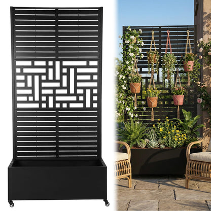 70.87x35.43x15.75 Inch Metal Planter Box with Trellis and Wheels Raised Garden Bed with Drainage Holes Privacy Planters Suitable for Climbing Plants and Vegetables