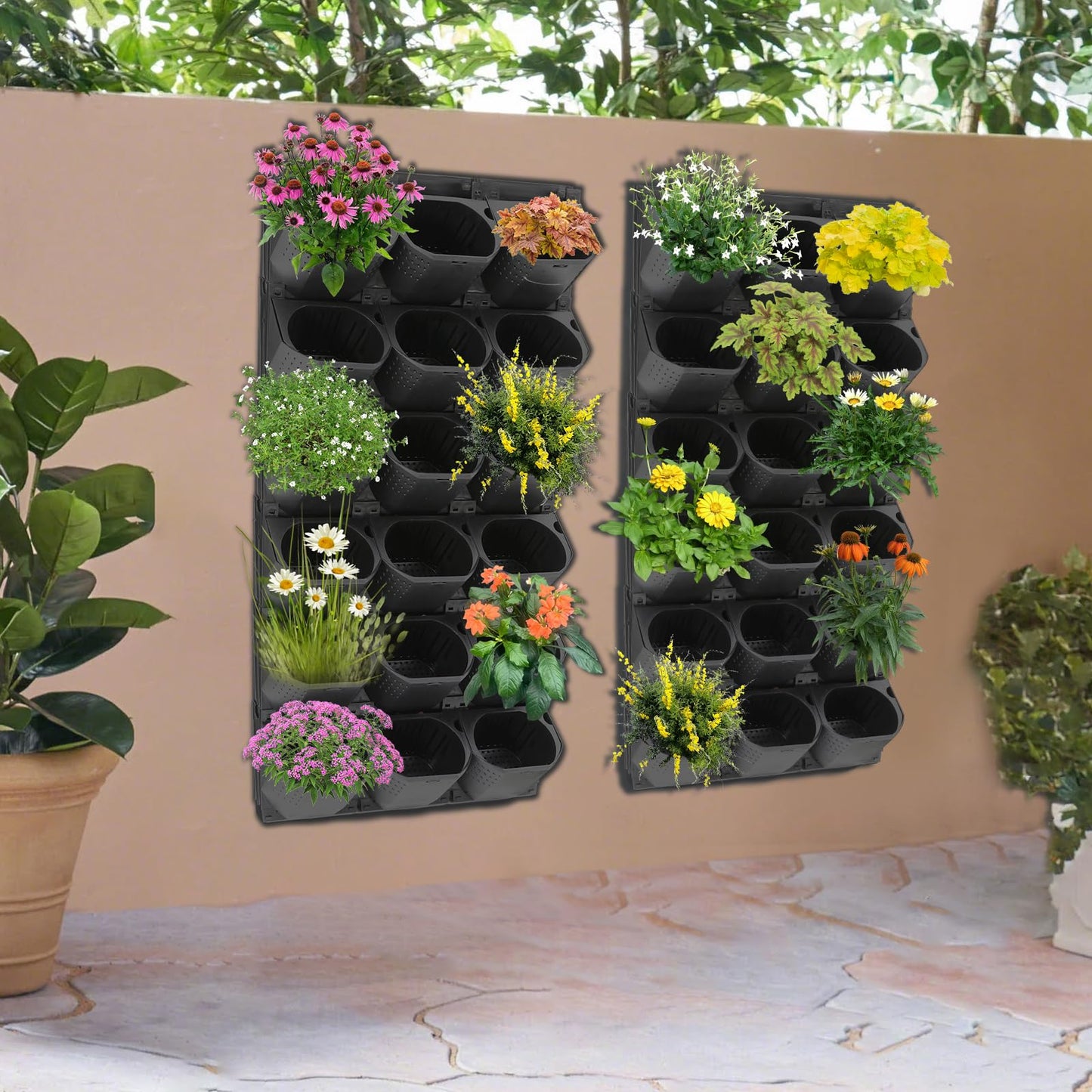 Okasiki 36-Pot Vertical Wall Planter, Self-Watering Stackable Planters for Indoor & Outdoor Use, Perfect for Herbs, Flowers & Vegetables (Black)