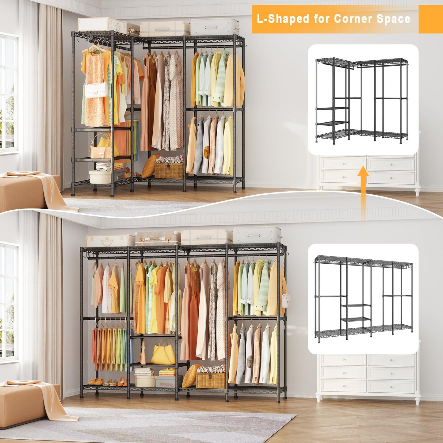 ULIFHOME H41 Garment Rack Heavy Duty Clothes Rack, Clothing Racks for Hanging Clothes, Extra Large Freestanding Portable Closet Wardrobe Rack 78.5'' W × 15.8'' D × 76.4'' H, Max Load 1150 Lbs, Black