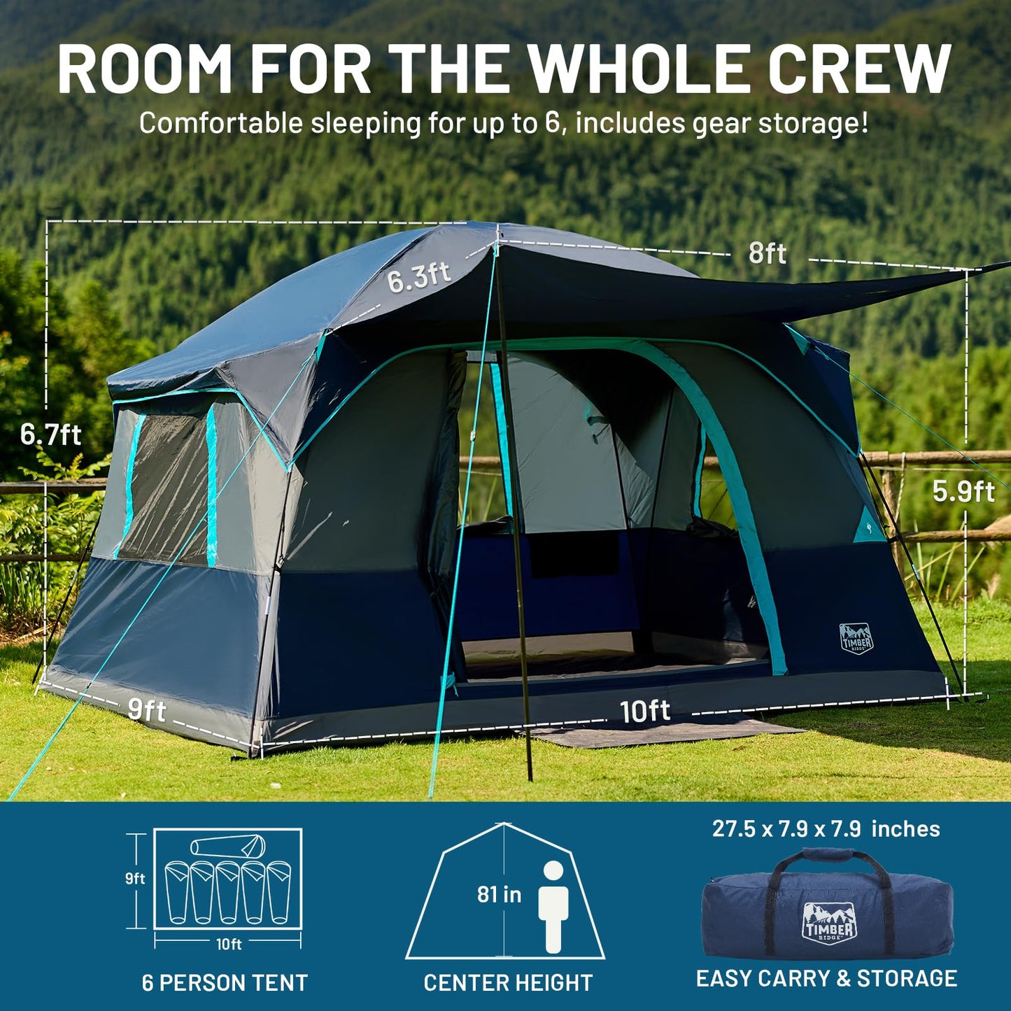Timber Ridge 6 Person Camping Tent, Large Family Tents Cabin Tent with Vestibule and Storage Pockets, Waterproof PU2000mm Tent for Camping Accessories