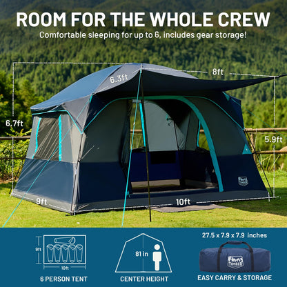 Timber Ridge 6 Person Camping Tent, Large Family Tents Cabin Tent with Vestibule and Storage Pockets, Waterproof PU2000mm Tent for Camping Accessories
