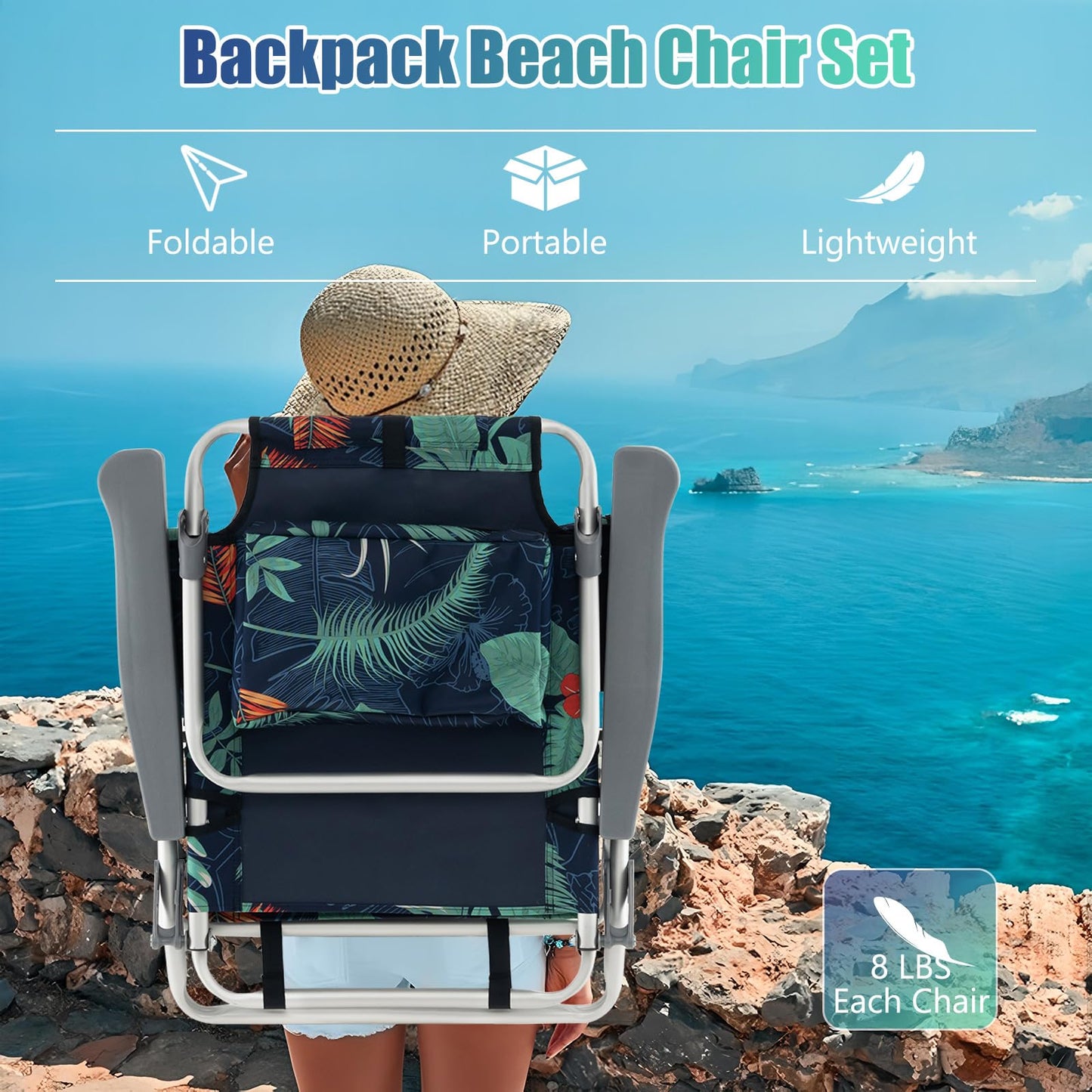 GYMAX Beach Chairs, Backpack Camping Chair with Armrest, Cooler Bag, Cup Holder, Towel Bar & Side Pockets, Sunbath Sling Tanning Lounge, Folding Layout Chair (Without Table, Flower)
