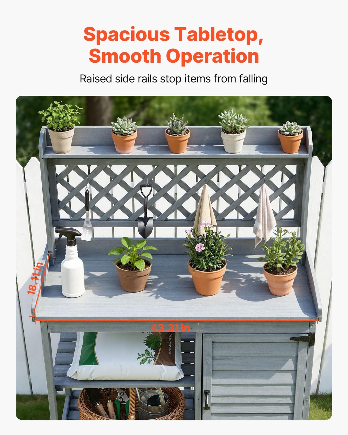 VEVOR Potting Bench Table, Outdoor Gardening Wooden Workstation with Storage Cabinet, Storage Shelves, 43 x 18 in Wood Tabletop, Garden Planting Work Station for Patio, Backyard, Balcony, Gray