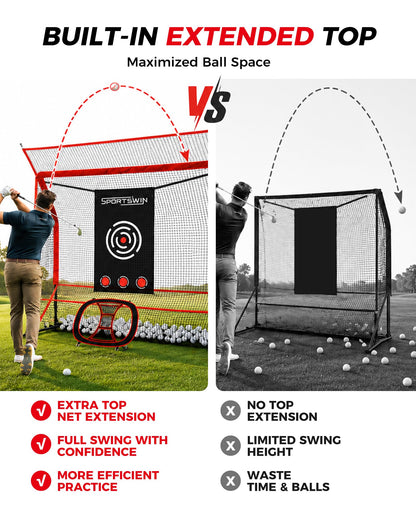 Golf Practice Net Set 10x7.5FT, Heavy Duty Golf Hitting Net for Backyard & Indoor Training, Golf Swing Practice Net with Ball Return System, Extended Top Barrier, Target Cloth & Carry Bag.