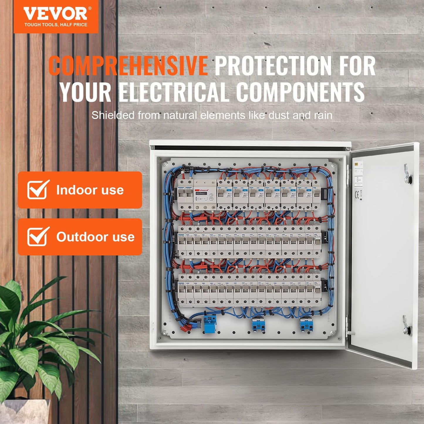 VEVOR Electrical Enclosure, 24'' x 24'' x 12'', NEMA 4 Outdoor Enclosure, IP65 Waterproof & Dustproof Cold-Rolled Carbon Steel Hinged Junction Box for Outdoor Indoor Use, with Rain Hood
