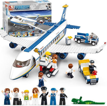 City Passenger Airplane Building Set 4 in 1 STEM Toy with a Large Plane Passenger Bus Luggage Truck Container Loader and 7 Minifigures Compatible with Lego Plane Airport Gift for Boy 6-12