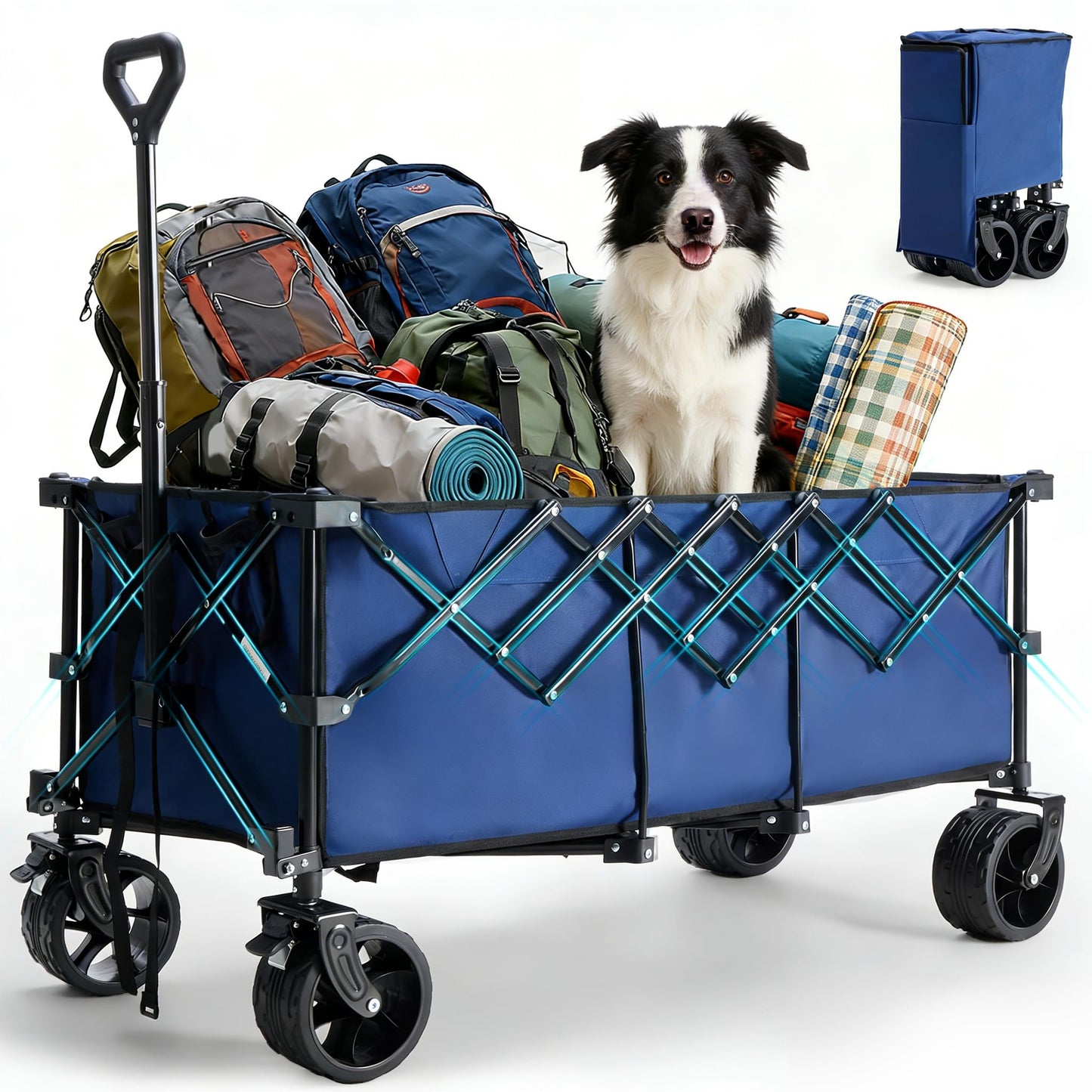 OLIXIS 49" Wagon Cart Collapsible 440lbs Foldable Extra Long Heavy Duty Utility Wagon with Wheels, Portable Storage Grocery Cart for Camping, Shopping, Sports, Beach, Garden, Blue