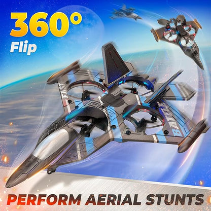 BEZGAR RC Plane | 2.4GHZ Remote Control Airplane RC Helicopter 360° Flip Fighter Jet Toy Toys for ages 8-13 with Colorful LED Navigation Lights Blue