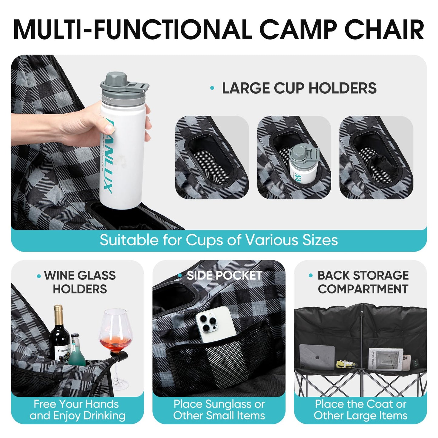 Bolosy Double Camping Chair Padded Loveseat Camping Couch Oversized 2 Person Camp Chairs for Adults Heavy Duty Two Person Folding Lawn Chair Camping Sofa with Cup Holders, Plaid
