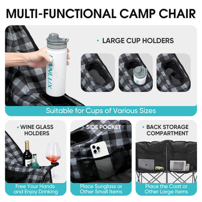 Bolosy Double Camping Chair Padded Loveseat Camping Couch Oversized 2 Person Camp Chairs for Adults Heavy Duty Two Person Folding Lawn Chair Camping Sofa with Cup Holders, Plaid