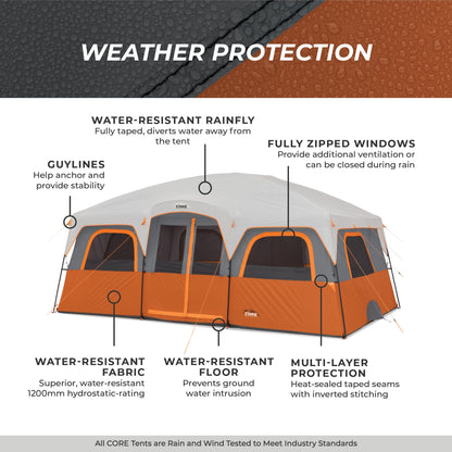 CORE 12 Person Tent | Large Multi Room Family Cabin Tent with Carry Bag for Outdoor Car Camping | Included Storage Pockets for Camping Accessories
