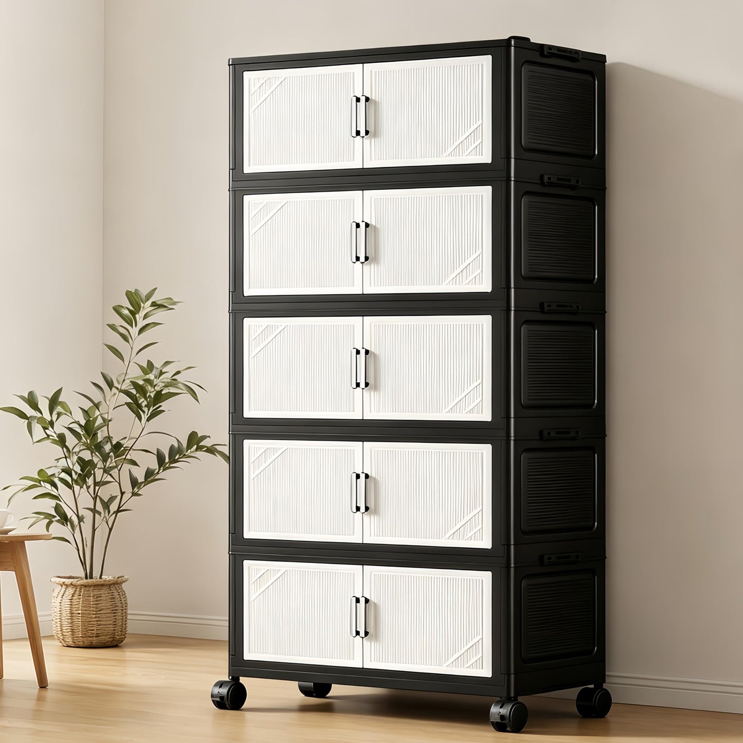5 Tier Foldable Storage Cabinet with Top Lid, Tall Mobile PP Storage Organizer with Magnetic Doors and Wheels, Space-Saving Collapsible Organizer for Bedroom Living Room Kitchen Pantry Bathroom