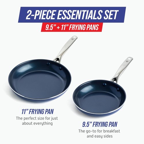 Blue Diamond Frying Pan Skillet Set - 9.5” & 11" Nonstick Ceramic, PFAS-Free, Durable & Scratch Resistant, Blue