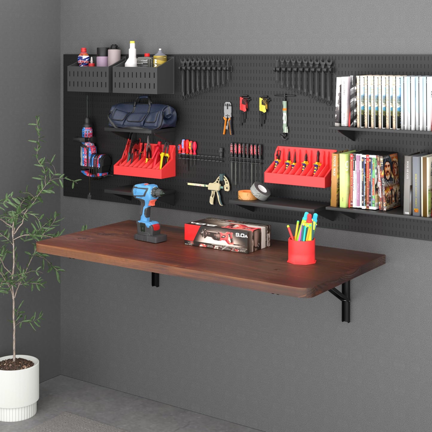 IAE Floating Wall Mounted Folding Table Desk with Pine Wood,36" x 22" Folding Workbench,Fold Down wall Mounted Foldable Table with Shelf Brackets,Laundry Folding Table for Apartment,Home,Kitchen,Brown