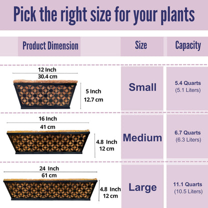 LaLaGreen Window Box Planter for Outdoor Plants (4 Pack, 16 Inch) Black Metal Rectangular Flower Pot Wall Planters with Coco Liner, Modern Horse Trough Railing Garden Balcony, Patio, Fence, and Deck