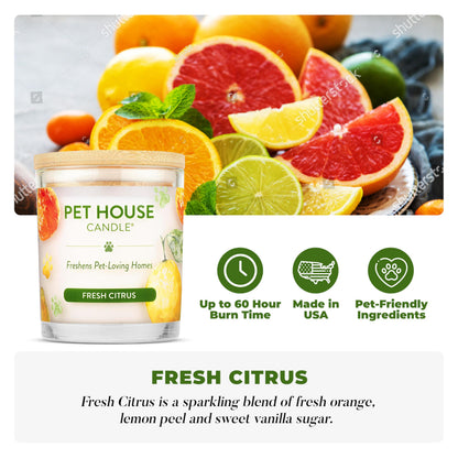 One Fur All Pet House Vanilla Candle Plant-Based/Soy - Clean Burning Scented, Long Lasting Pet Odor Candle for Home - Fresh Citrus