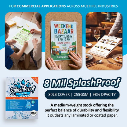 SplashProof Printer Paper - 8.5" x 11", 8 Mil Waterproof Paper, Laser Printer & Copy Machine Compatible (Letter - 8.5" x 11", 1,000 Sheets)