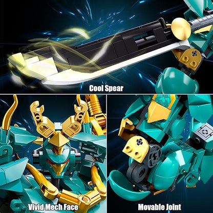 HIGH GODO Mech Robot Building Blocks Set for Adults Cool Green Dragon Warrior Model Kit with Long Spear Toy Playset 704 Pieces Collectible Mythical Ninja Gifts for Teens Ages 14+