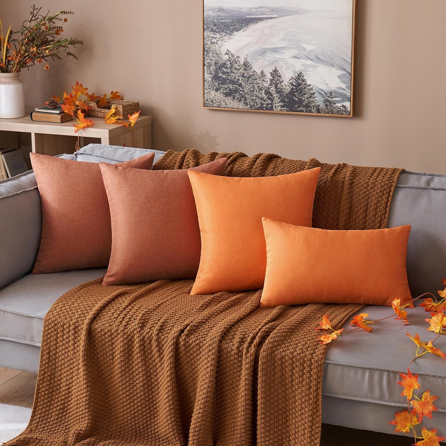 MIULEE Decorative Outdoor Throw Pillow Covers - Waterproof Faux Linen Cushions | 24x24 Inch Rust - Perfect for Summer Patio & Garden