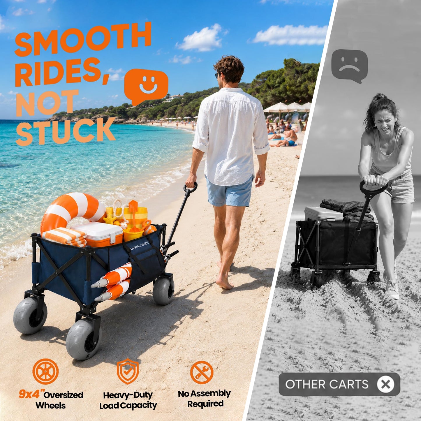 Deralumer X800 Heavy Duty Beach Wagon with 9"x4" Balloon Wheels – 200L Foldable Wagon Cart, 41" Collapsible Utility Wagon with Side Bag for Beach Essentials, Sports, Camping & Outdoor