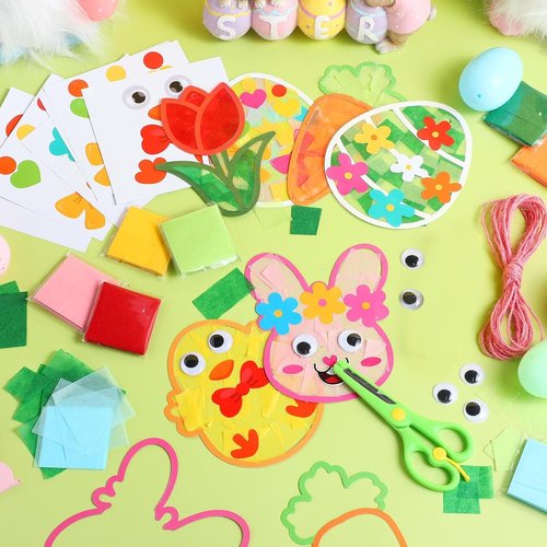 Feifeiya 24 Pack Easter Suncatcher Craft Kit - DIY Window Art for Bunny, Carrot & Egg Decorations