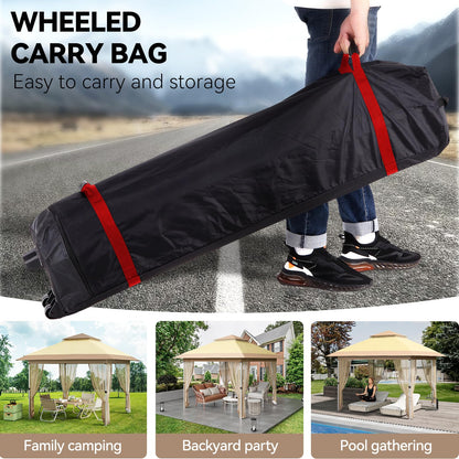 10x10 Pop Up Gazebo Tent with Mosquito Netting & Water,Resistant Oxford Canopy with Roller Bag,Instant Setup Outdoor Shelter for Backyard, Patio, Parties, Weddings, Outdoor Dining，Beige+Khaki