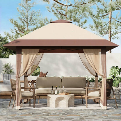 OutdoorVibe 13'x13' Gazebo, Pop Up Patio Gazebo Outdoor Canopy Tent with Double Roof Mosquito Netting & Portable Carry Bag for Backyard Lawn Deck Garden (Khaki)