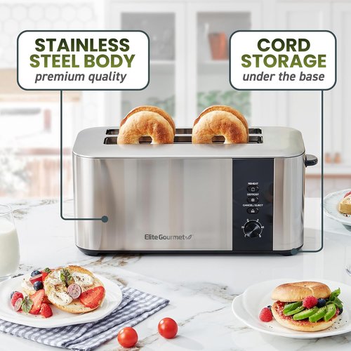 Elite Gourmet Long Slot 4-Slice Toaster - 1.5” Wide Slots, 6 Shade Settings, Stainless Steel Finish
