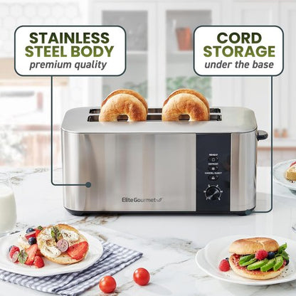 Elite Gourmet Long Slot 4-Slice Toaster - 1.5” Wide Slots, 6 Shade Settings, Stainless Steel Finish