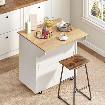 MAHANCRIS Kitchen Island on Wheels with Drop Leaf, Folding Countertop Kitchen Island Cart, Kitchen Island Table with Towel Rack, Drawer, for Kitchen, Dining Room, White and Natural KINW12501