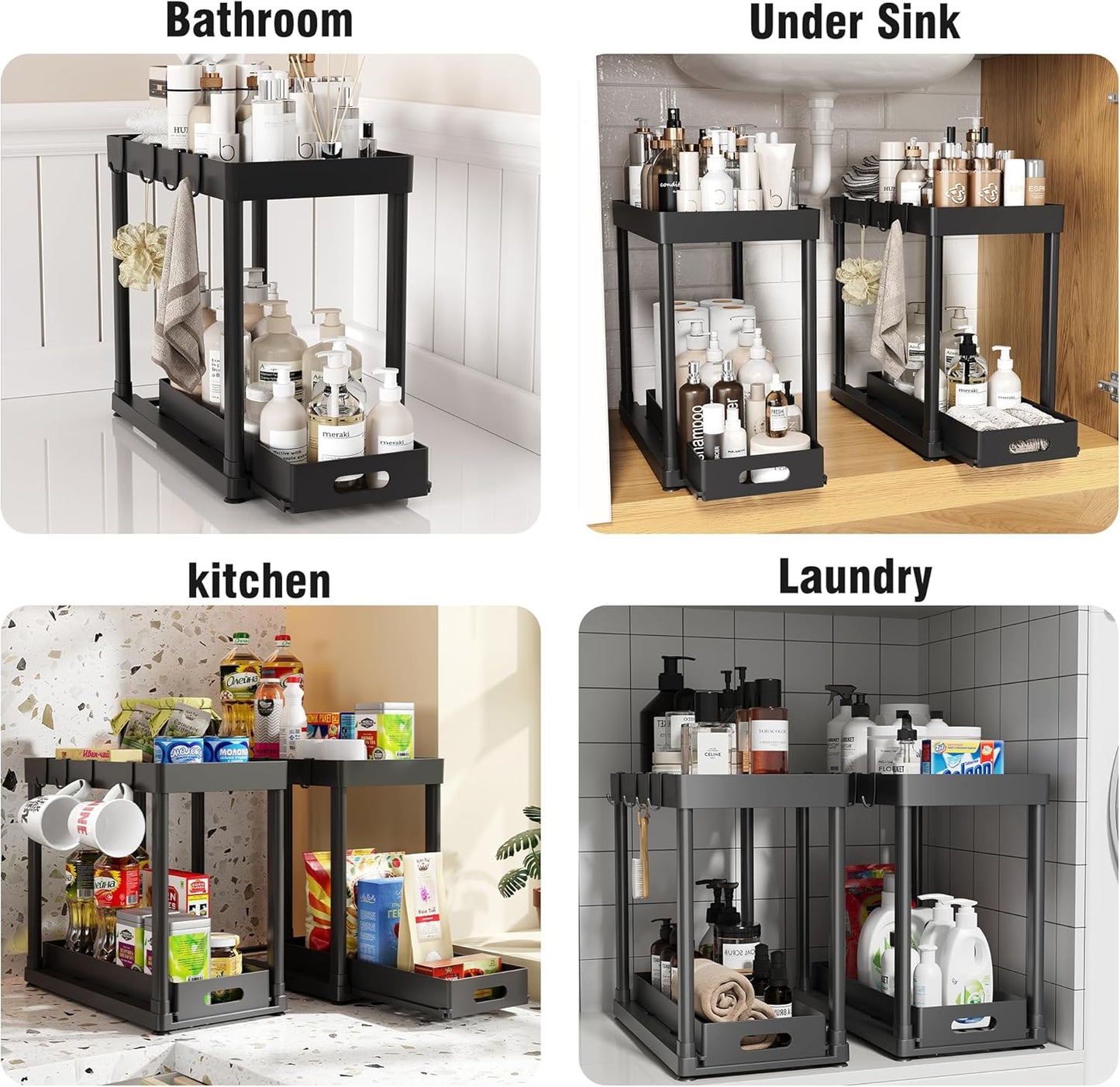 Skiennix Pull-Out Storage Organizers - Multi-Purpose Under Sink Bathroom & Kitchen Set | 2 Pack, Black