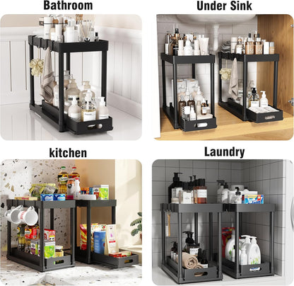 Skiennix Pull-Out Storage Organizers - Multi-Purpose Under Sink Bathroom & Kitchen Set | 2 Pack, Black