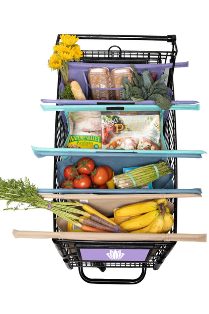 Lotus Trolley Bag Bundle Reusable Shopping Bags (Set of 4 Standard Size Earth Tones) PLUS (Set of 3 LARGE Size) Grocery Bags Insulated Cooler & Egg/Wine Holder, Foldable, Washable Grocery Cart Bags
