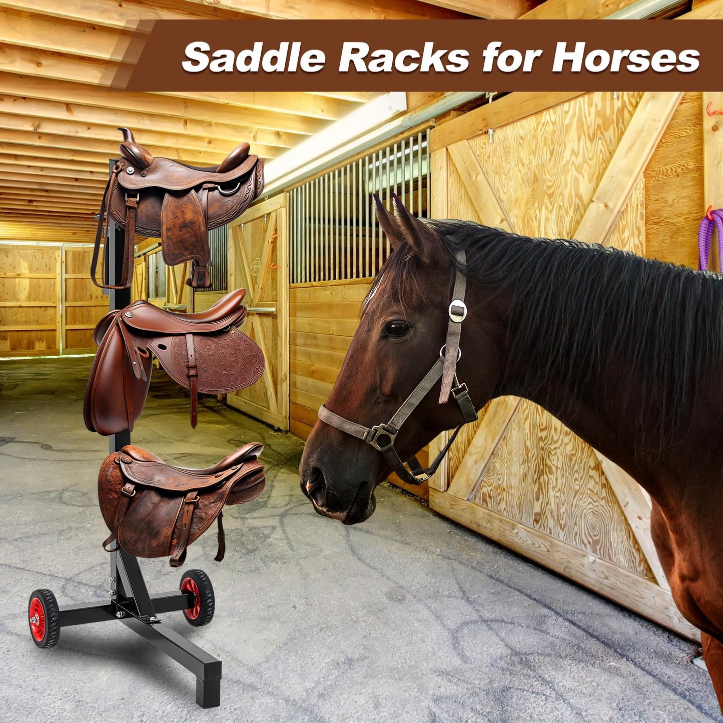 Abbylike 3 Tier Saddle Rack Stand with Wheels Portable Heavy Duty Saddle Pad Rack Horse Tack Storage for English Western Horses Blanket Stall Supplies Accessories
