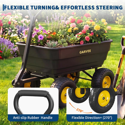 Garvee Poly Garden Dump Cart, Heavy Duty 1200lbs Wheelbarrow Yard Cart Dump Wagon with 13" All Terrain Wheels, Garden Utility Wagon with Quick Release System& Convertible Handle Attach to ATV (Black)