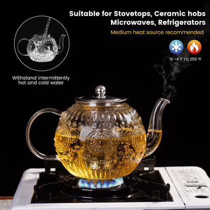 Amzcku 50OZ/1500ml Vintage Glass Teapot with Removable Infuser – Stovetop Safe, Borosilicate Glass Tea Kettle for Blooming & Loose Leaf Tea