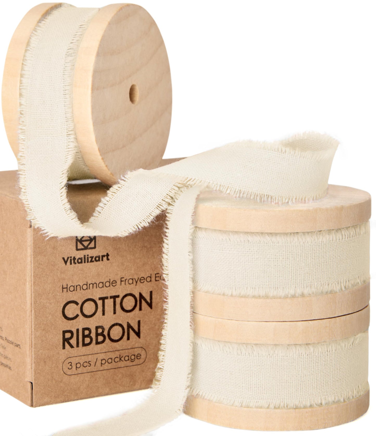 Vitalizart White Cotton Ribbon Handmade Fringe 5/8" x 21 Yd Cream Pure Natural Cotton Ribbons for Gift Wrapping Wedding Invites Bridal Shower Bouquets Holiday Decor
