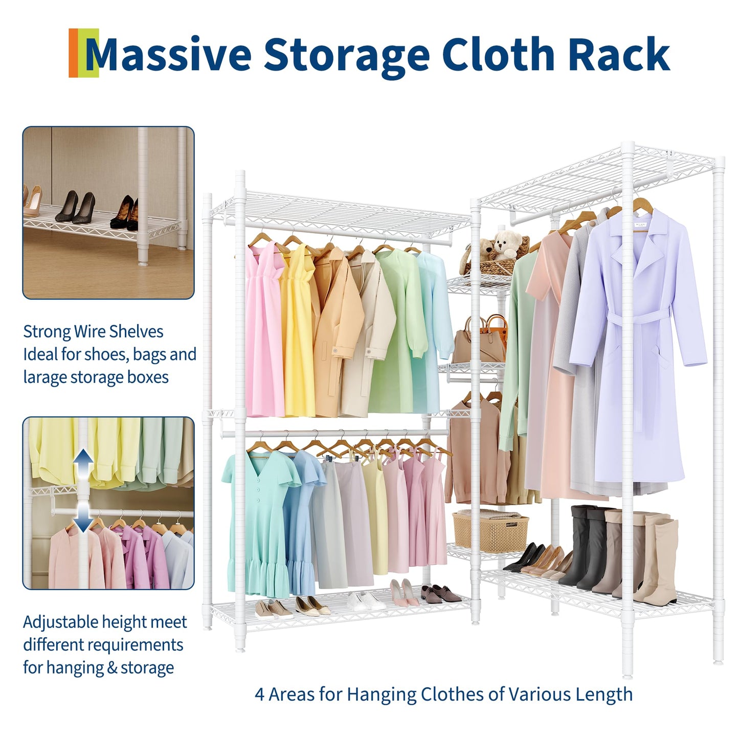 GarveeTech Heavy Duty Garment Rack L Shaped Clothes Rack for Corner,Load 1631LBS,Freestanding Portable Wardrobe Closet with 7 Adjustable Shelves, 4 Hanging Rods for Home,70.5" H x 85.4" L x 17.4" W
